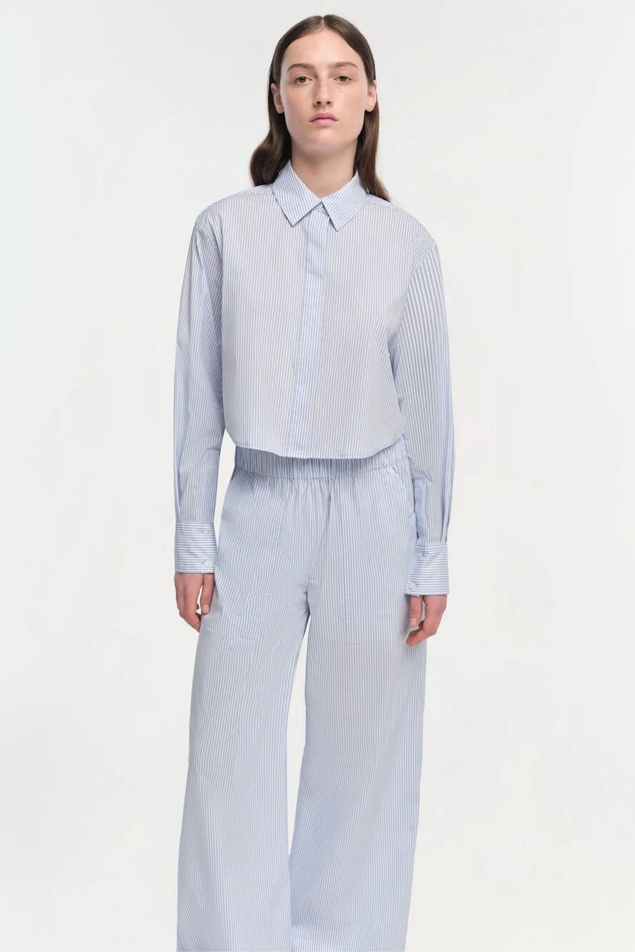 Simkhai Renata Cropped Button Down Shirt Classic Blue Stripe Size XL NWT